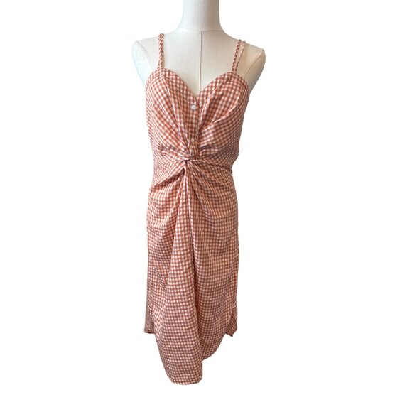 2/$30 Zara Medium Terracotta & White Gingham Knotted Button Midi Dress - Picture 11 of 13